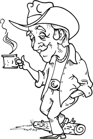 Cowboy Having A Hot Cup Of Coffee Coloring Page